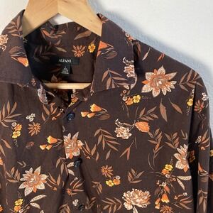 Alfani Mens Large Floral Print Long Sleeve Button Down Shirt Brown Orange Fall